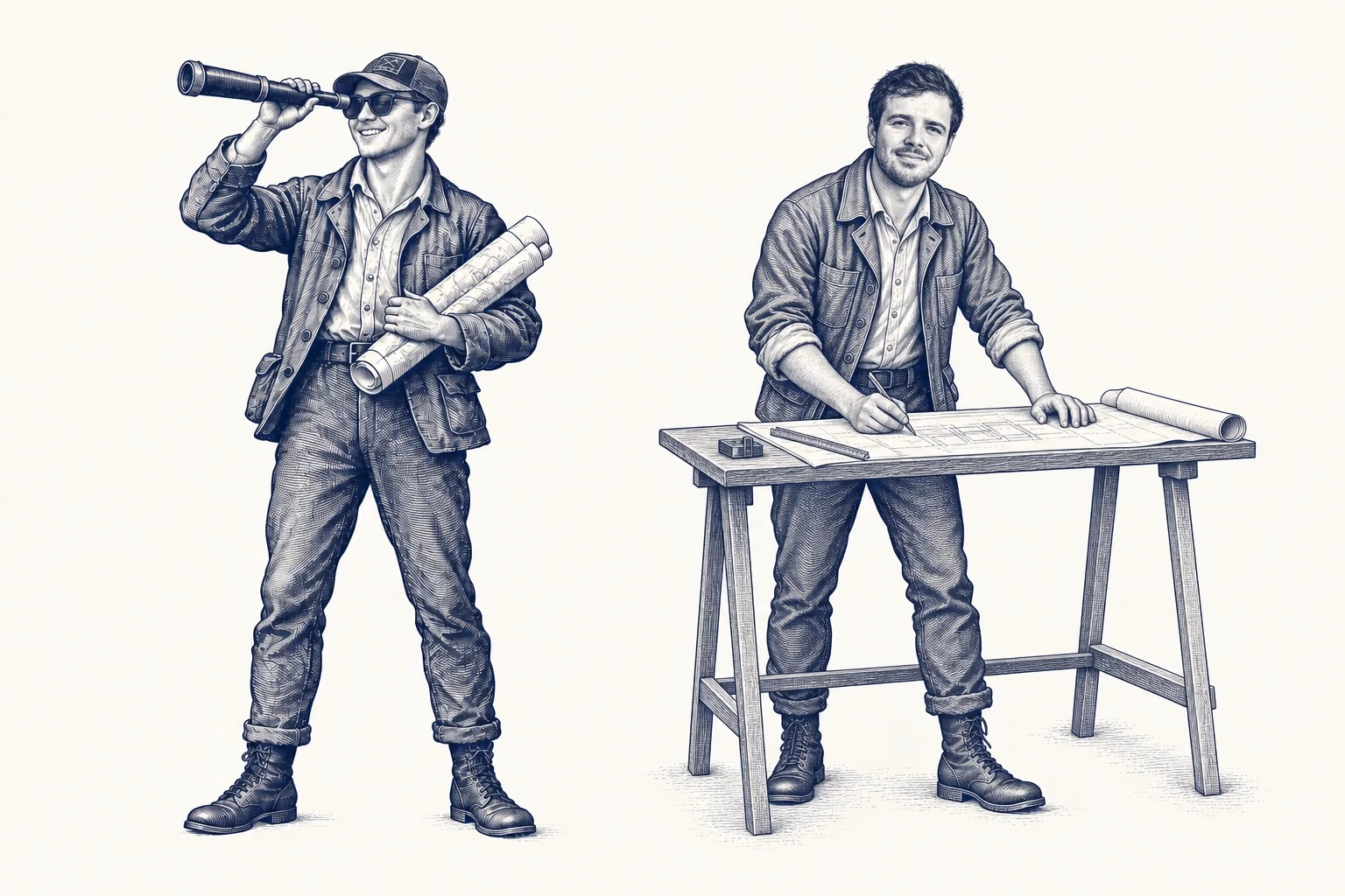 Engraved likenesses of Adrien Lepleux, left in cap and sunglasses with a telescope, and Julien Lepleux, right, sketching a technical plan at a drafting bench.