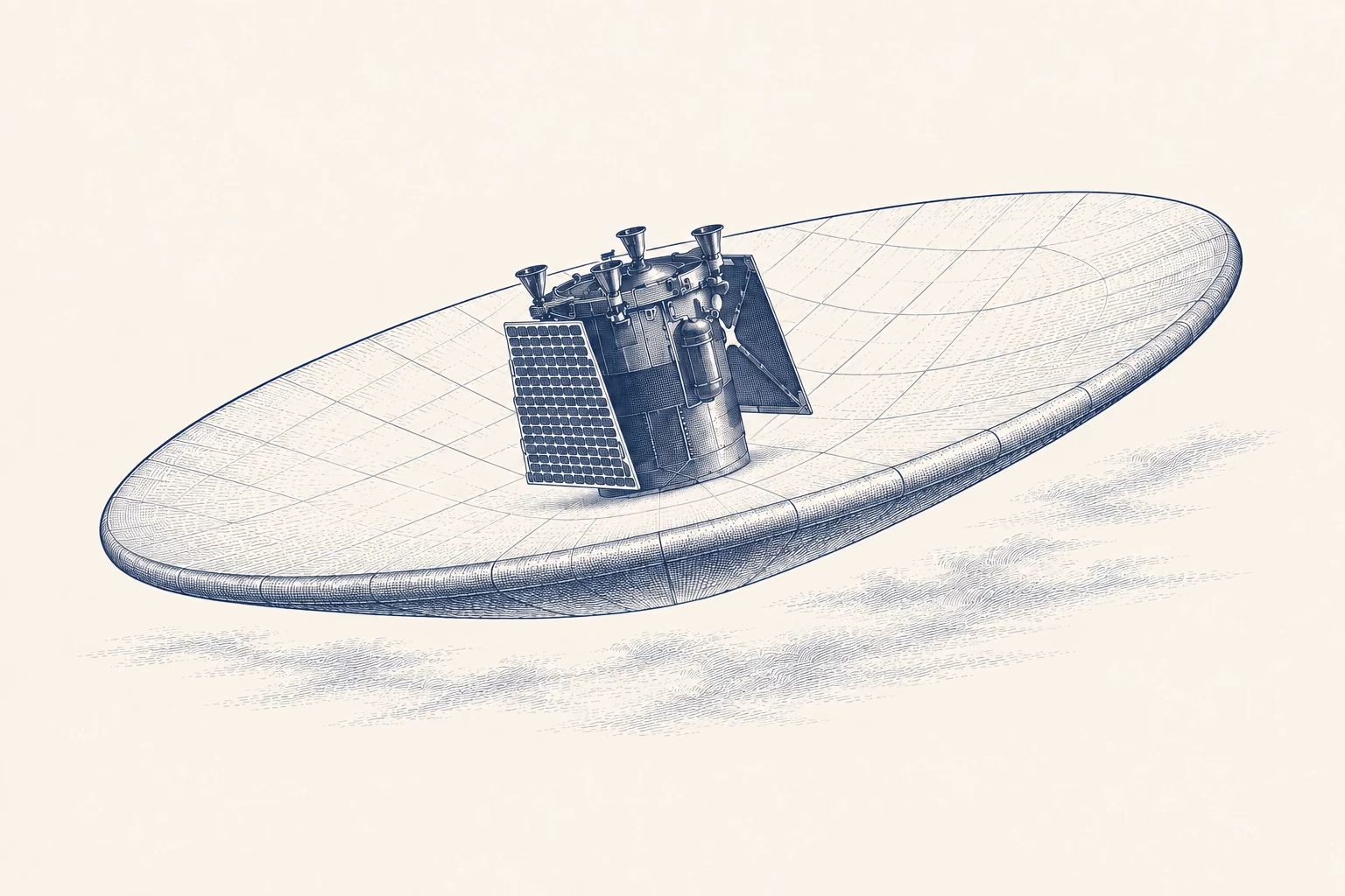 An engraving of the Catalyx ReX return vehicle with its broad deployed heat shield.
