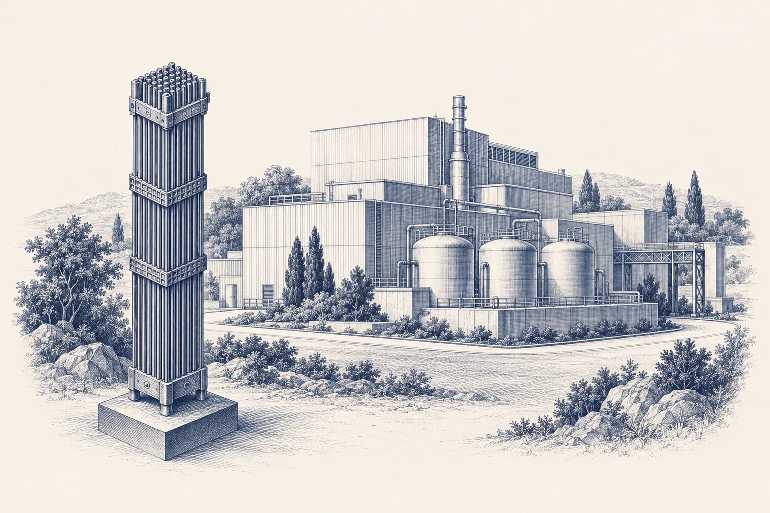 An engraved nuclear fuel assembly beside a recycling facility.