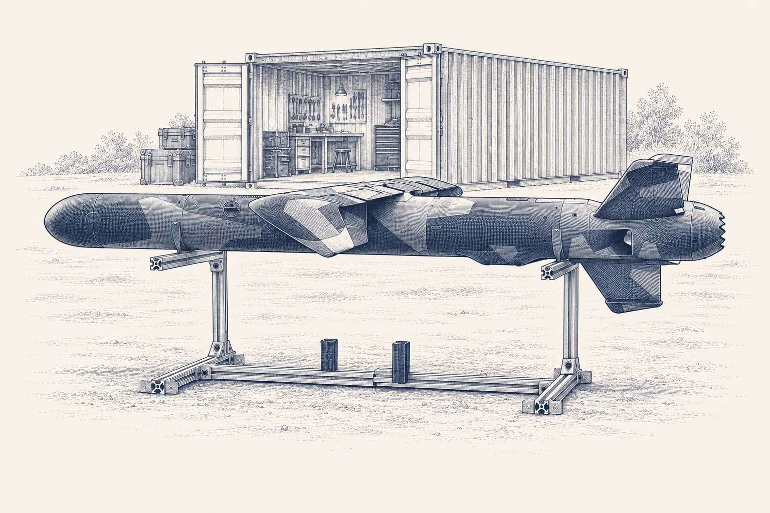 An engraving of Firestorm’s Tempest aircraft beside a portable container workshop.