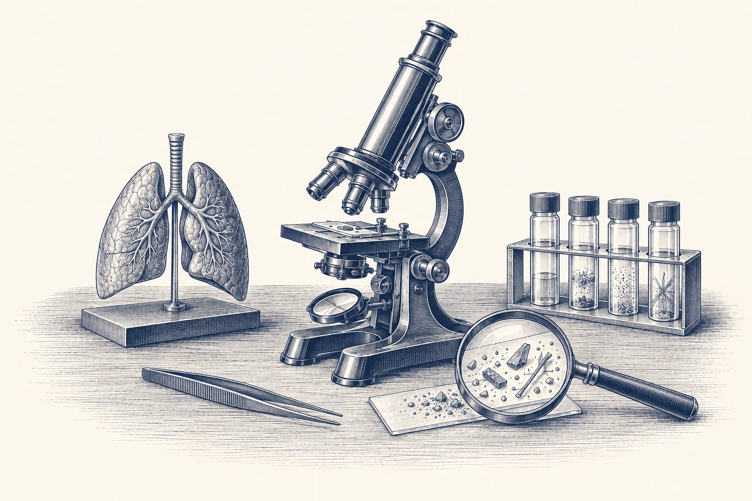 An engraving of an environmental-health research bench, with a microscope, lungs model, sample vials, and magnified microscopic particles.