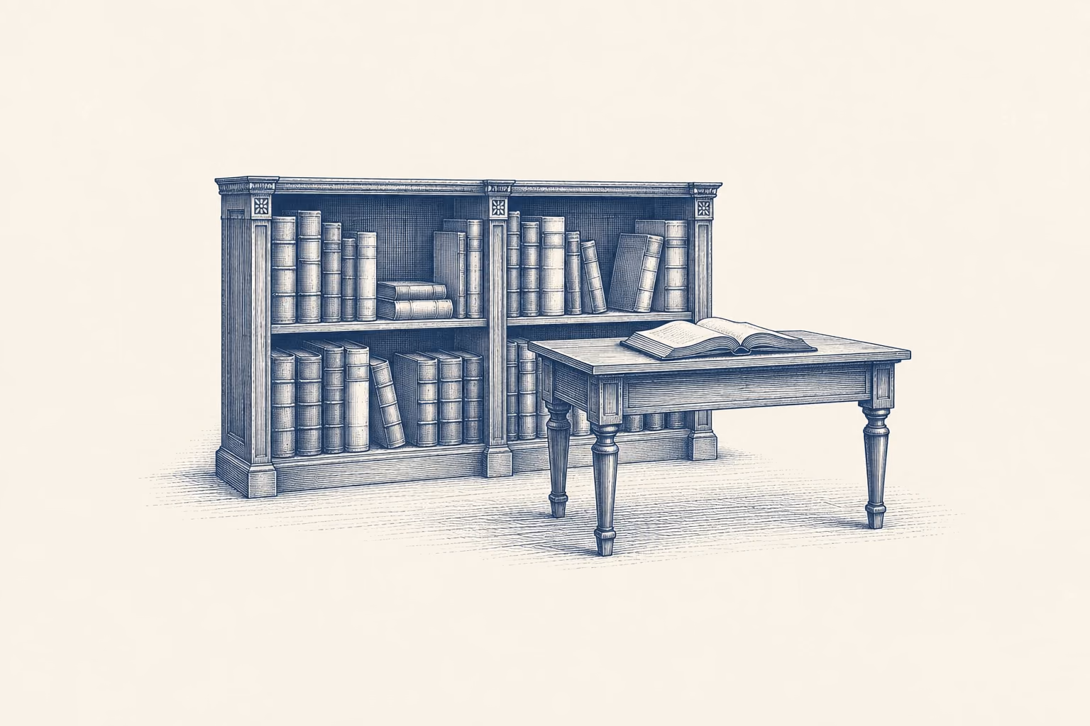 A small engraved library vignette, with bookshelves and an open book on a reading desk.