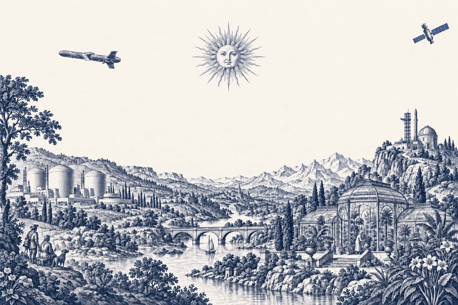 A navy copperplate landscape with nuclear infrastructure, a Firestorm aircraft, a glasshouse, and a rocket on its launch pad beneath a sun and satellite.