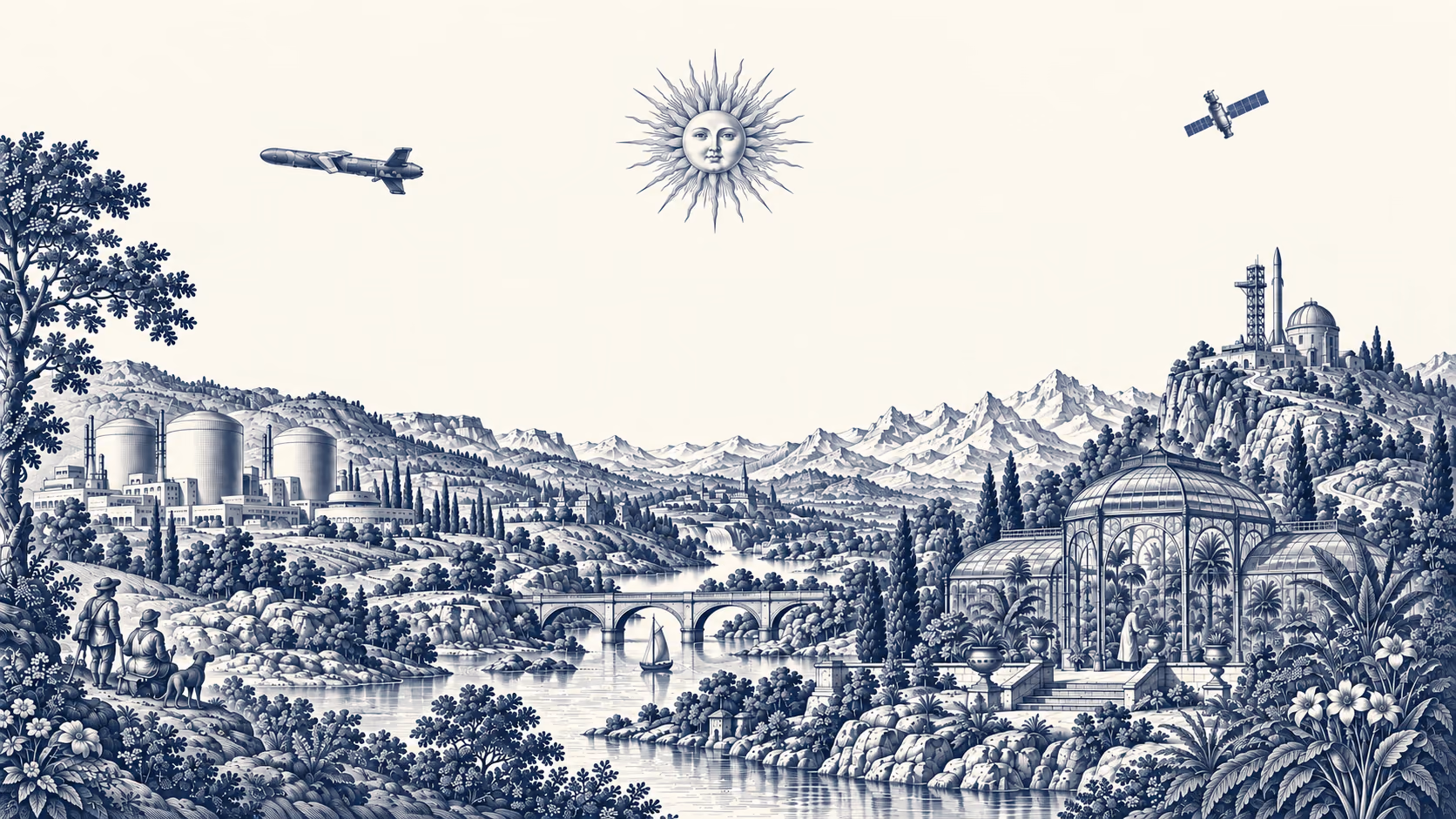 A navy copperplate landscape with nuclear infrastructure, a Firestorm aircraft, a glasshouse, and a rocket on its launch pad beneath a sun and satellite.